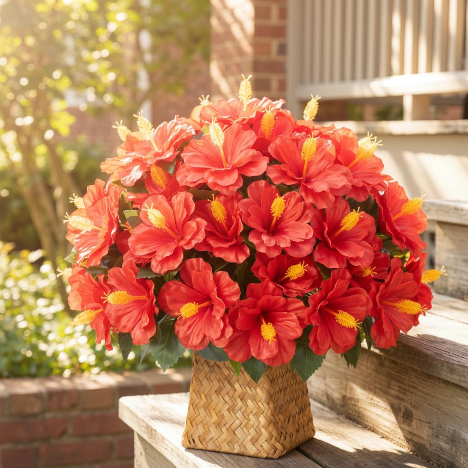 12 Bundles Artificial Hibiscus Flowers for Outdoor Decoration Fake Tropical Flowers UV Resistant Faux Silk Planter for Outside Garden Porch Patio Spring Home Front Door Decor(Red)