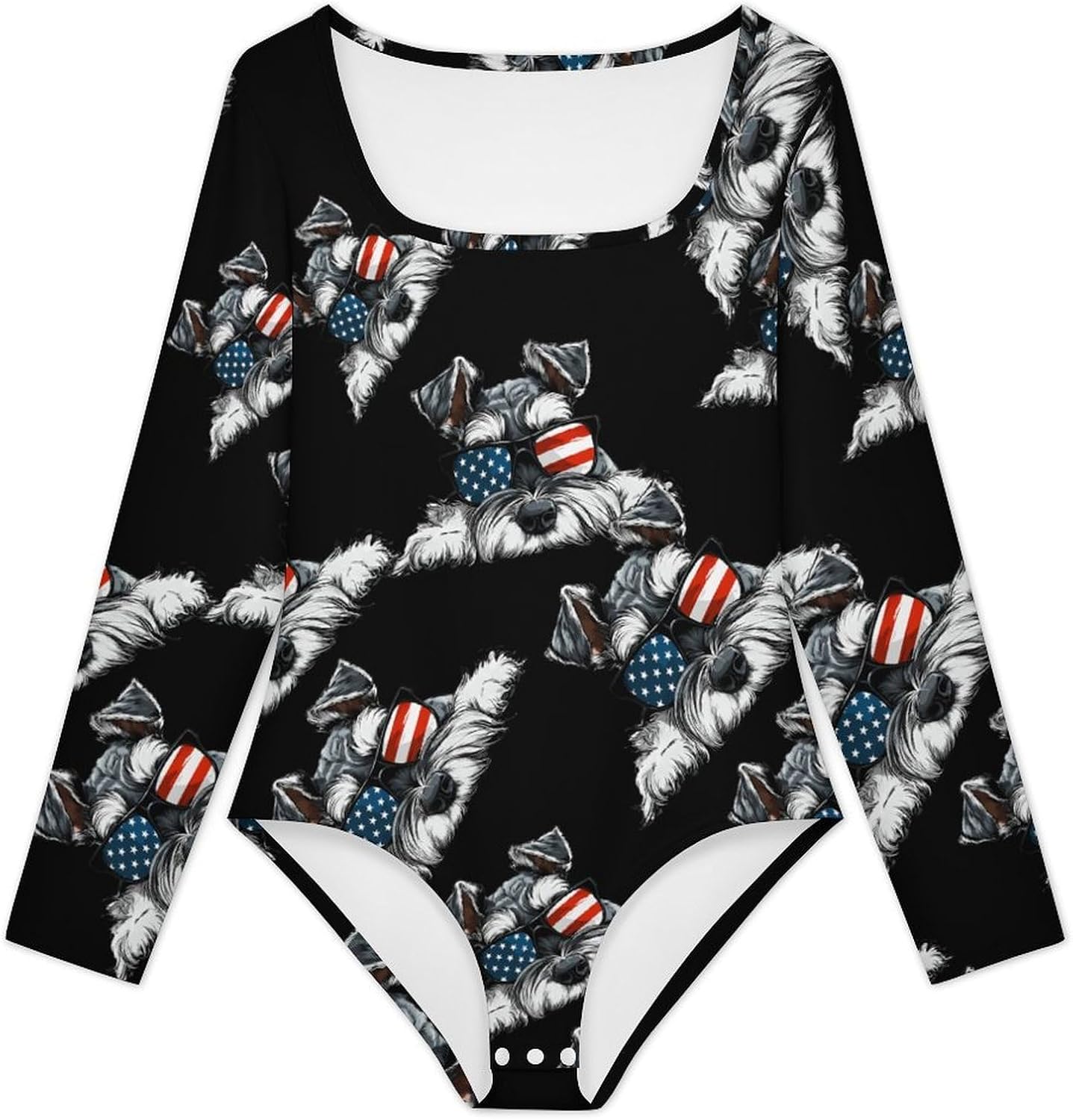 USA Flag Schnauzer Dog Women's Bodysuits Long Sleeve Top 5XL