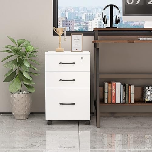 Miniatura 4 de Archivador móvil de 3 cajones con cerradura, gabinete de llenado vertical blanco sobre ruedas, pequeño archivador rodante, gabinete debajo del