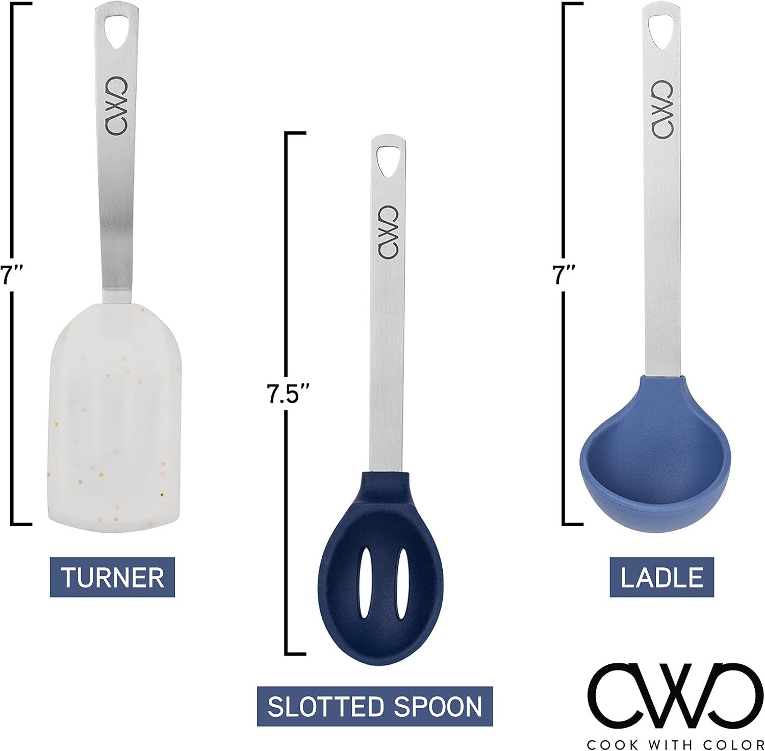 COOK WITH COLOR MINI Kitchen Utensil Set- Stainless Steel Handles with Silicone Kitchen Tools, 3 Piece Set, Navy