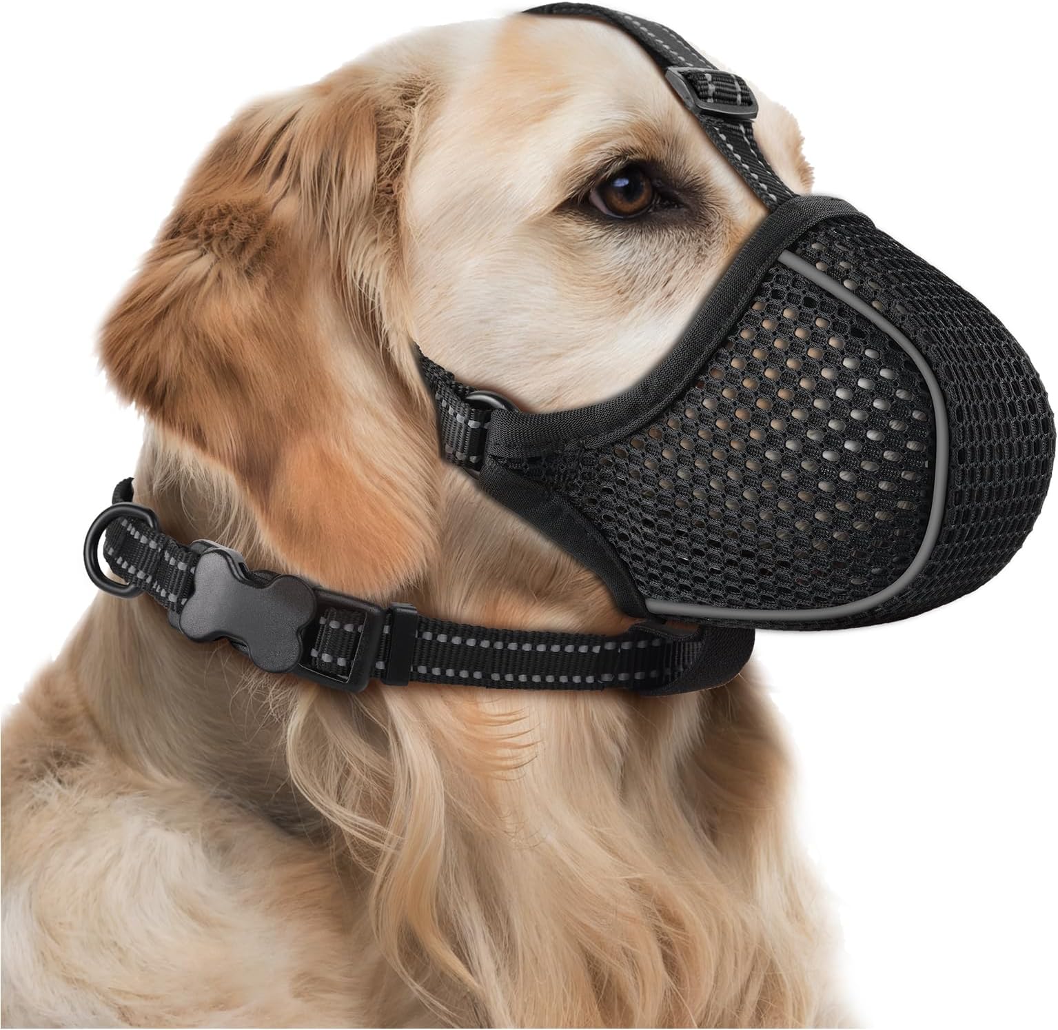 BONTHEE Dog Muzzle,Soft Nylon Muzzles Anti Biting Barking Chewing,Breathable Reflective Adjustable Loop Pets for Small Medium Large Sized Dogs,Allows Panting and Drinking(Black XXL)