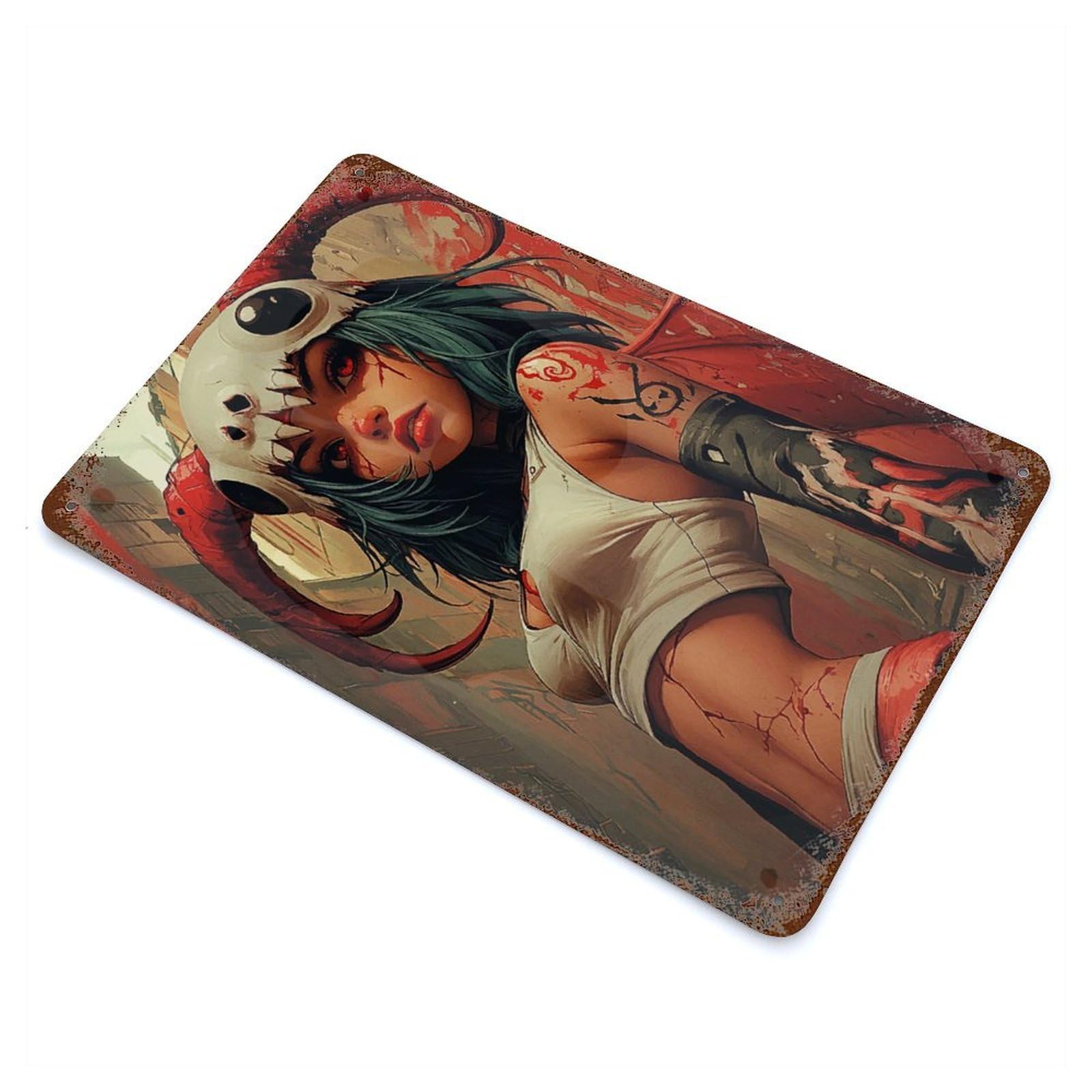 Garage Style Fiery Demon Girl Rust Effect Tin Sign 11.8"x7.9", Vintage Wall Decor for Bar And Workshop