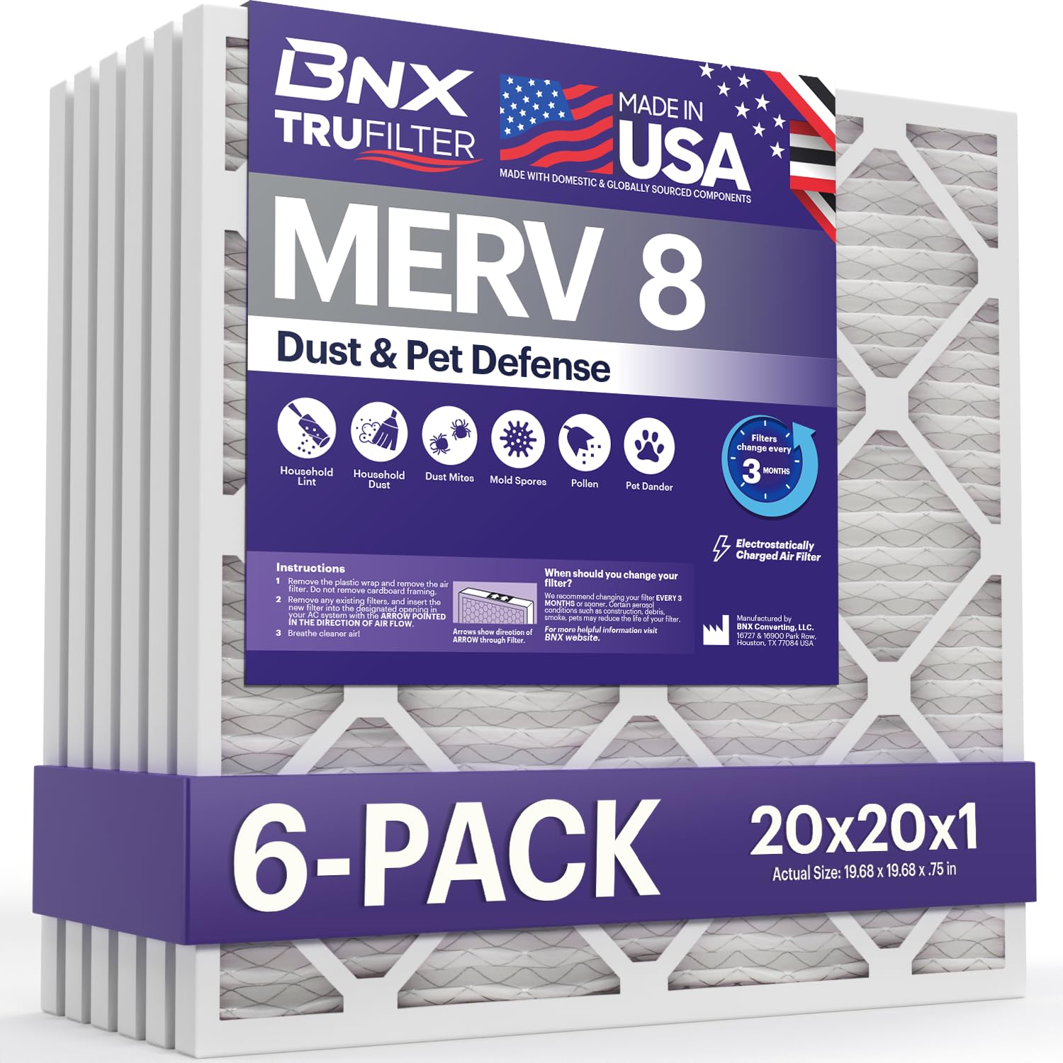 bnx trufilter 20x20x1 air filter merv 8 6-pack - made in usa  dust amp pet defense electrostatic pleated air conditioner hvac ac furnace filters for dust pet mold pollen mpr 600  700 amp fpr 5
