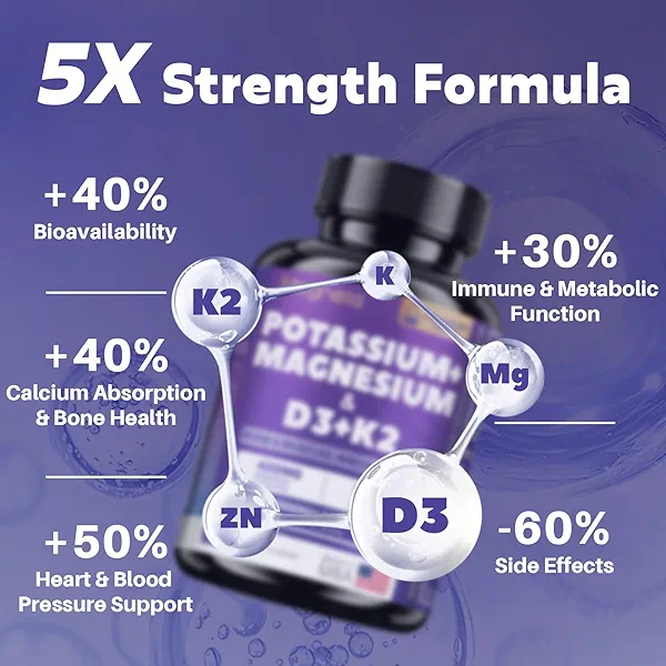 MEGNETA Magnesium Potassium Vitamin D3 K2 10000IU Supplement - Supports Bone, Heart, Immune Health, Mood Balance & Energy for Women & Men - Enhanced Absorption, Non-GMO - 60 Capsules