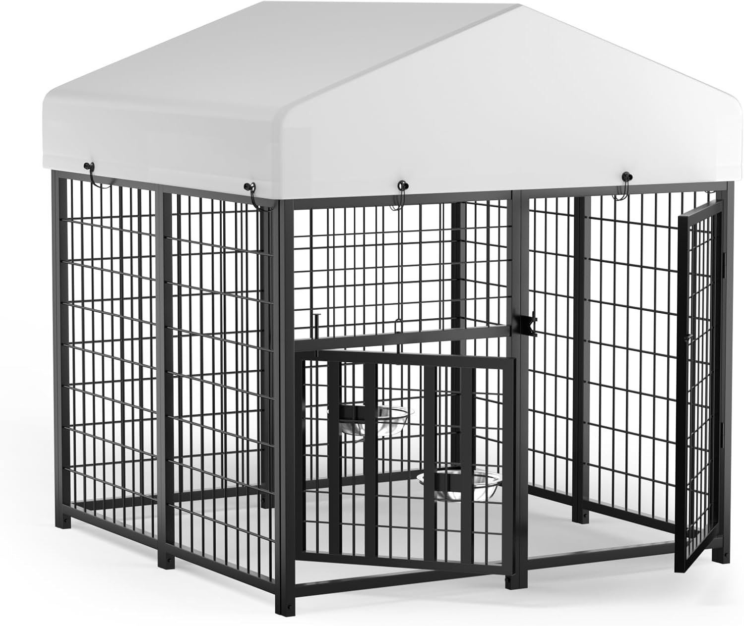 LOVMOR Outdoor Dog Kennel with Roof, Heavy Duty Steel Dog Run Enclosure for Small Dogs, Waterproof Canopy, Double Latch Door, Adjustable Feeding Bowls, Pet Pen for Yard and Patio, 4’L x 4’W x 4.25’H