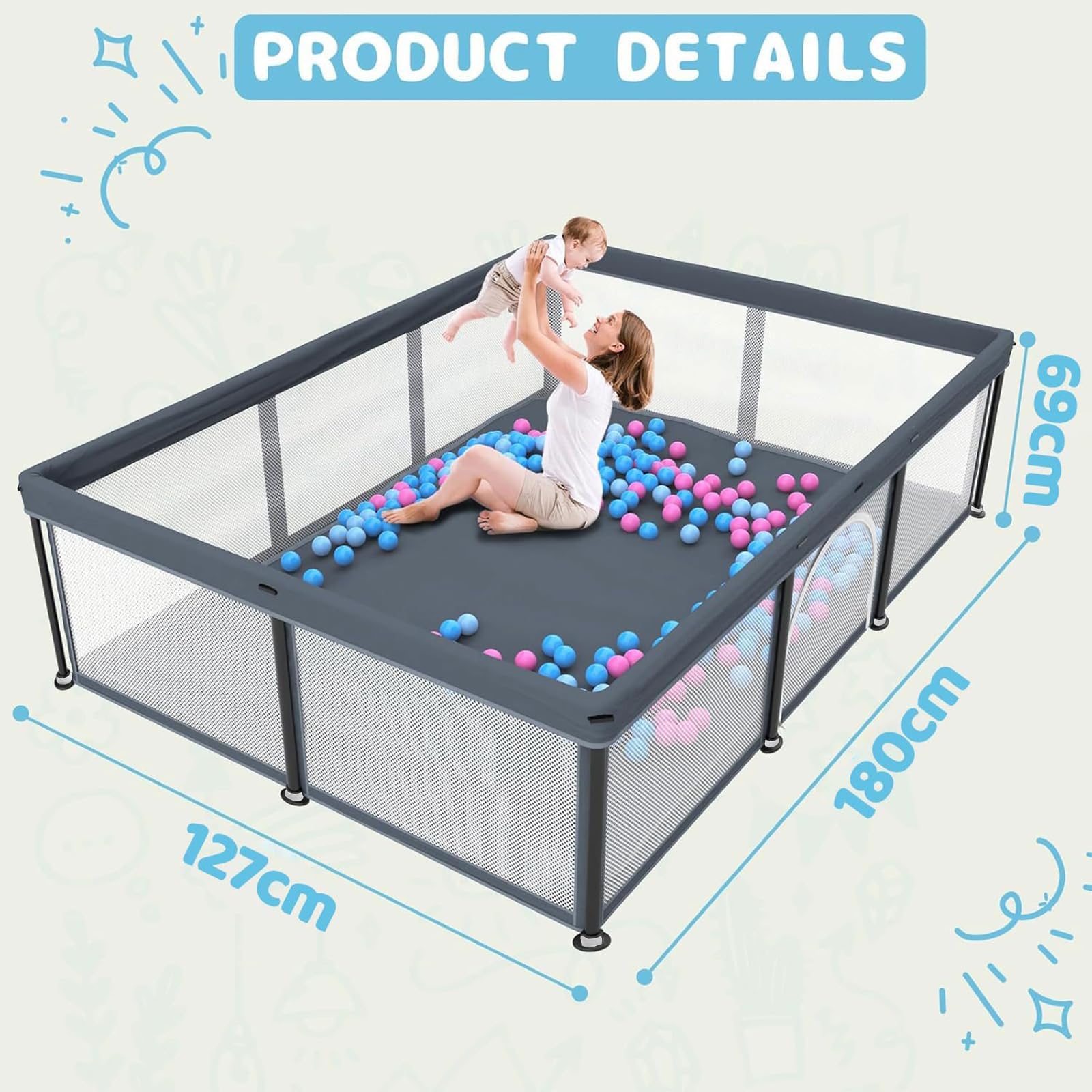 Box pieghevole per bambini, con materasso, per interni ed esterni, grigio, 180 x 127 cm