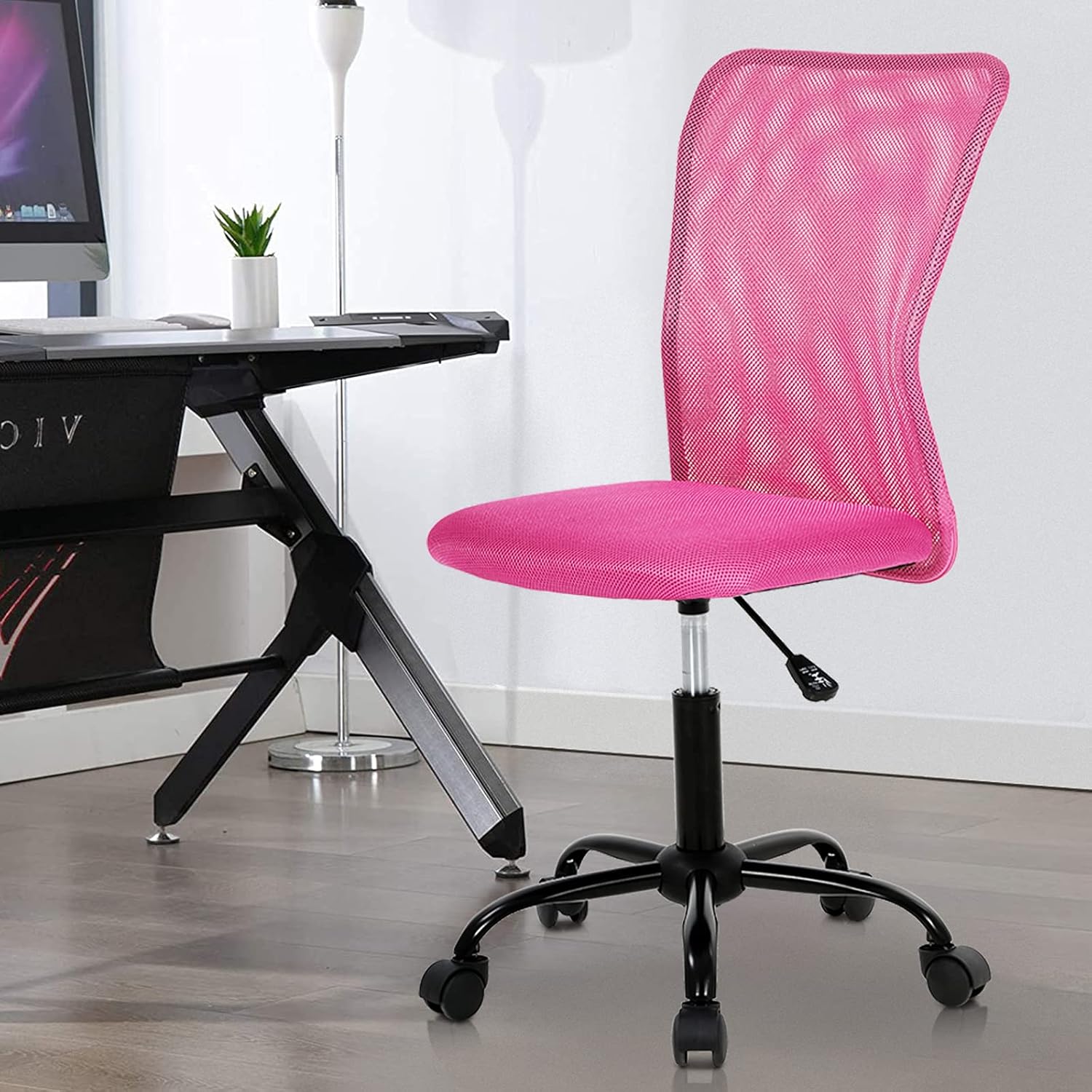 Office Chair Ergonomic Desk Mid-Back Computer with Adjustable Lumbar,Armless Rolling Swivel Home Task for Women Adult,Pink Armless 16.7L* 16.3W*40H inches
