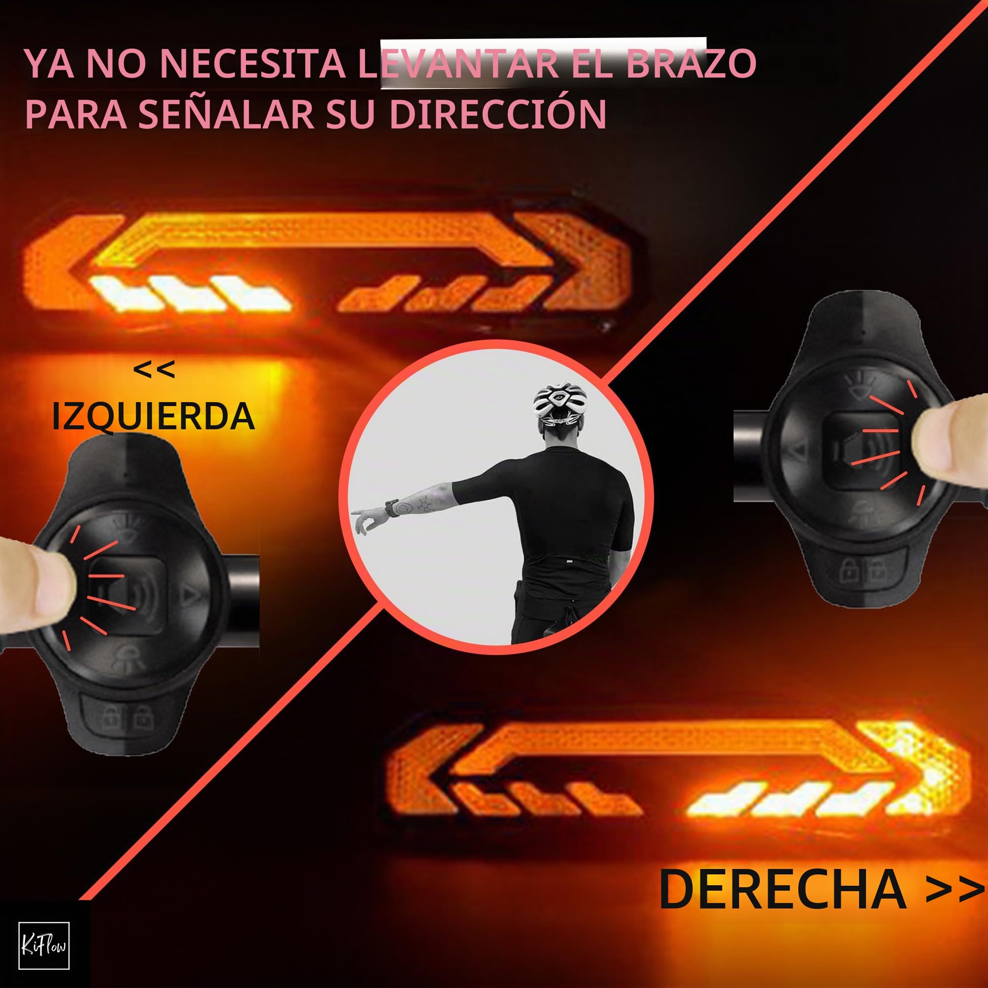 KIFLOW – Intermitente y alarma para bicicleta | 2 soportes de fijación | Luz trasera con mando a distancia | 5 modos de iluminación | Carga USB | Resistente al agua