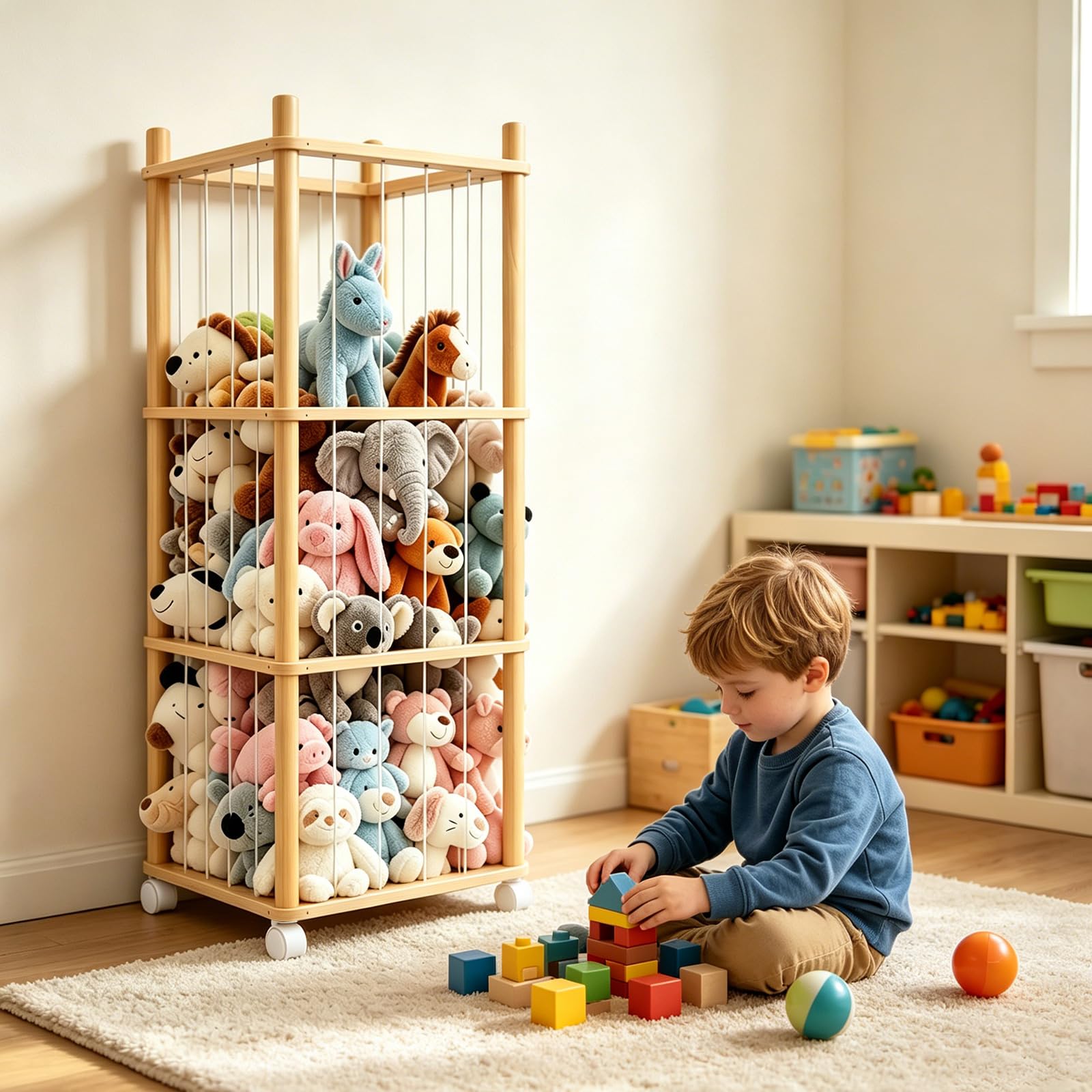 Kuscheltier Aufbewahrung, Stofftier Aufbewahrung mit 360°Drehrollen, Elastischem Band & Verbreiterter Sockel für Kinderzimmer Spielzimmer Schlafzimmer