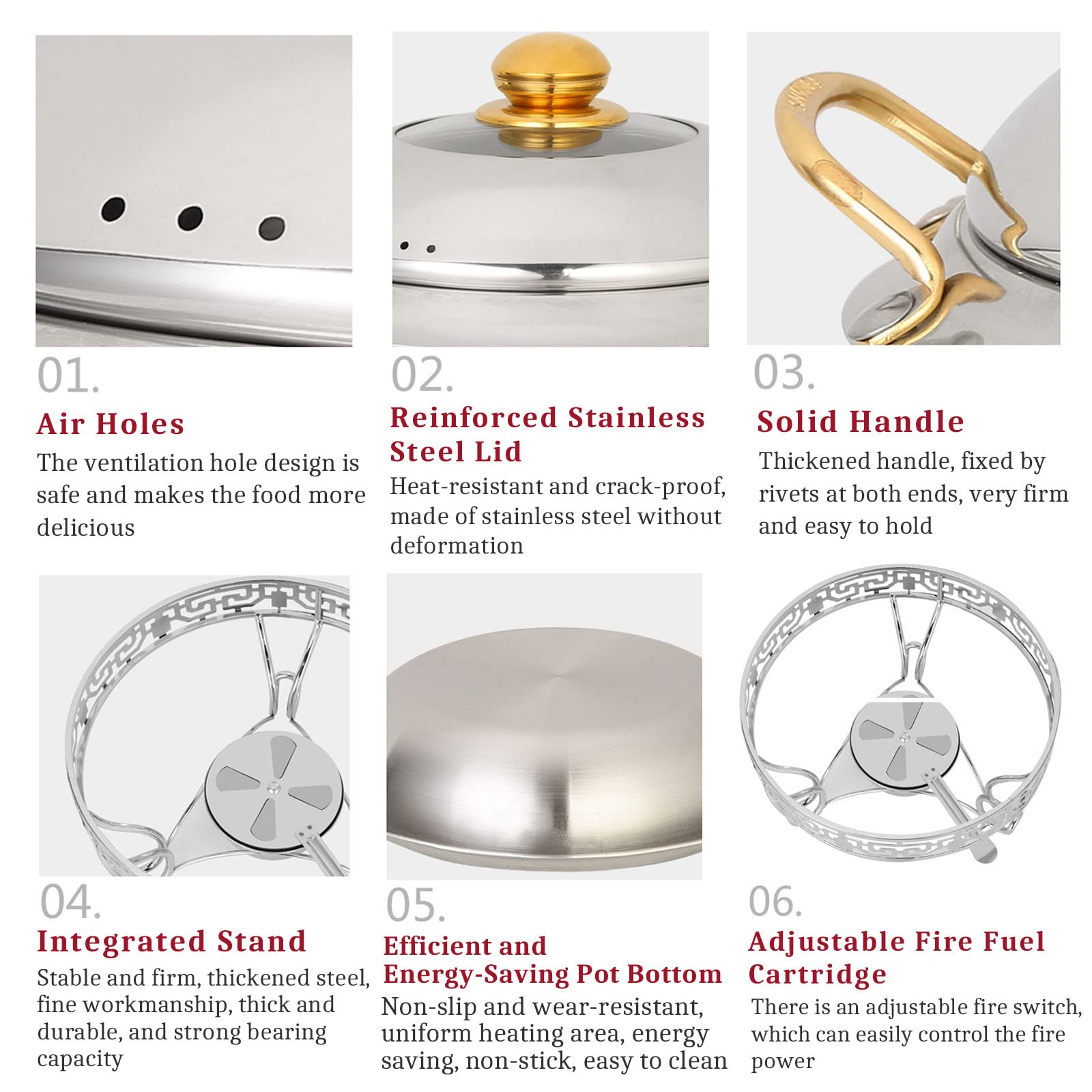 Chafing Dish Rotondo Placcato Oro, 2/4/6 Confezioni in Acciaio Inox Chafer Catering Buffet Warming Container Set con Porta-combustibile, per ristoranti, Feste, Matrimoni, 4 Confezioni