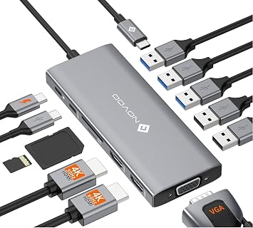 NOVOO USB C Docking Station, 12 in 1 Docking Station Dual Monitor with 2 HDMI, VGA, 5 USB Ports, 100W PD, USB-C Data, SD/TF Card Reader, Compatible with MacBook/Dell/HP/Surface