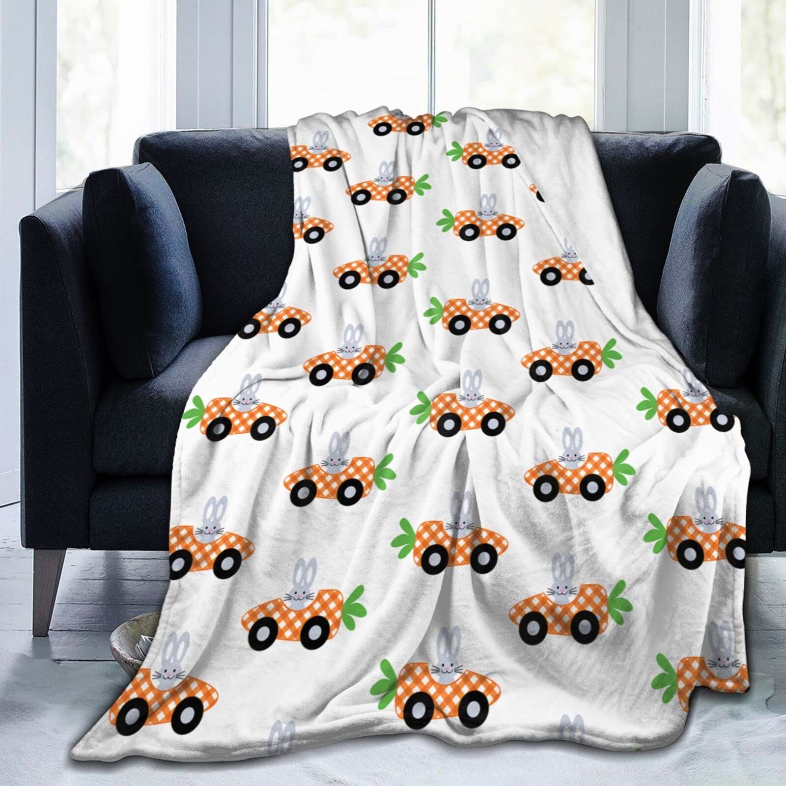 Lsjuee Bunny Carrot Car Throw Blanket Warm Cozy Lightweight Blankets Easter Rabbit Flannel Blanket for Sofa Couch Bed Office Holiday Decorative 50"X40"