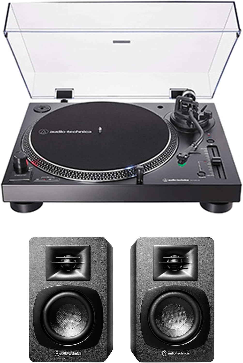 Audio Technica AT-LP120XBT-USB-BK Black Direct Turntable with Audio Technica AT-SP3X Powered Bookshelf Speakers (2021)