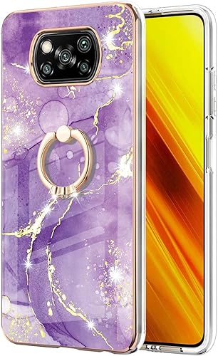 Miniatura 6 de Monwutong Funda de teléfono para Xiaomi Poco X3 NFC, IMD patrón de mármol brillante anillo Kickstand caso para niñas, con lente de cámara y cubierta