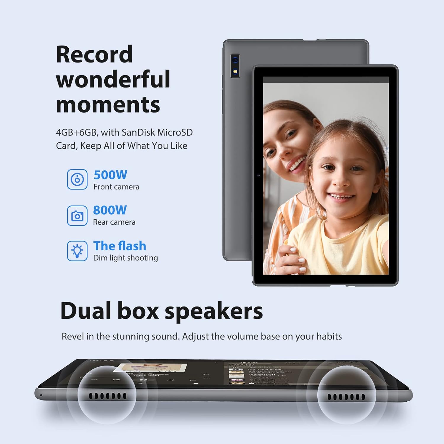 Tablet showing front and rear cameras, flash, and dual speakers