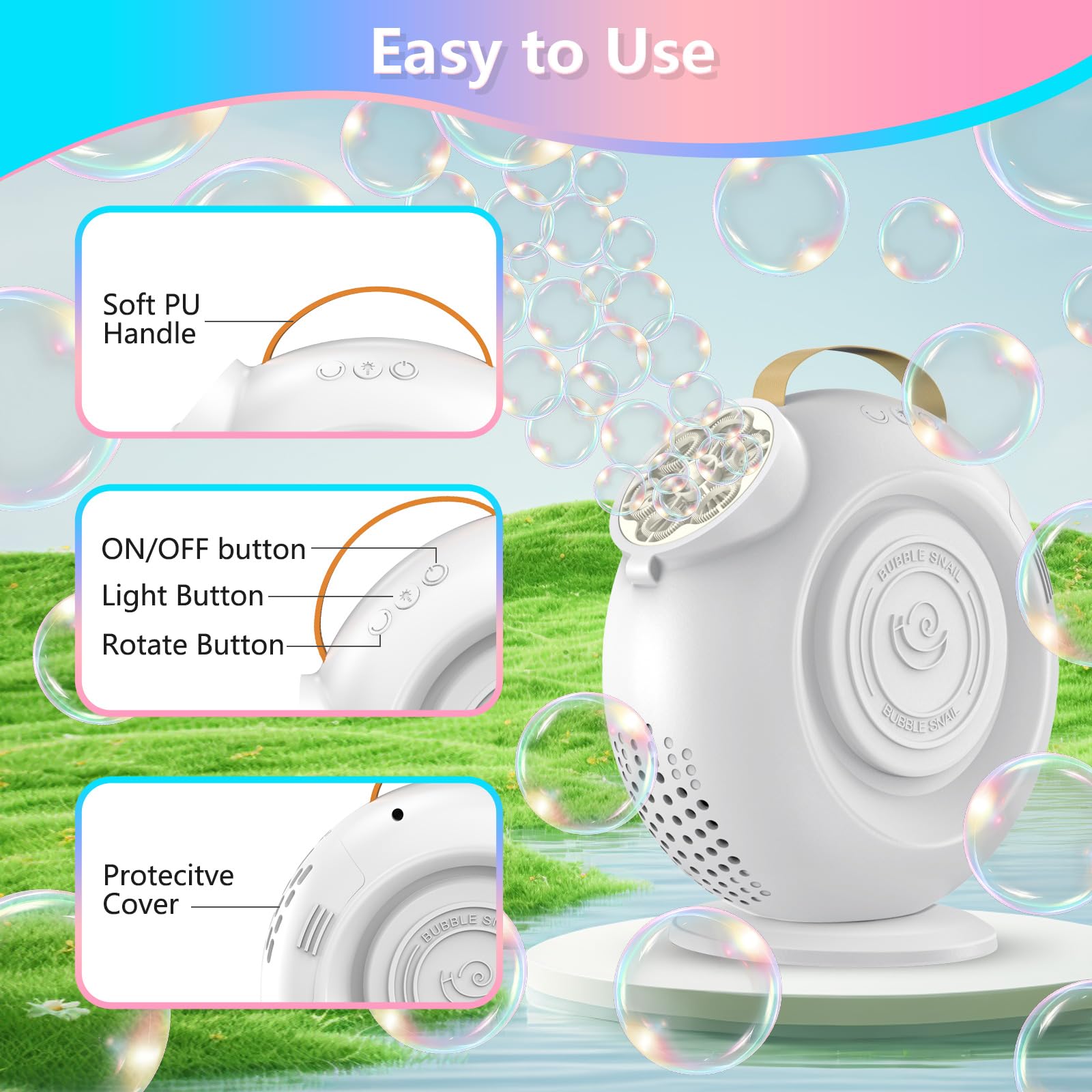 Machine à Bulles Rechargeable pour Enfants - Plus de 15 000 Bulles/Min, Rotation Auto 90°/360° avec lumière LED. Capacité 500 ML, 2 Vitesses. Idéale pour fêtes en extérieur, Mariages, Anniversaires