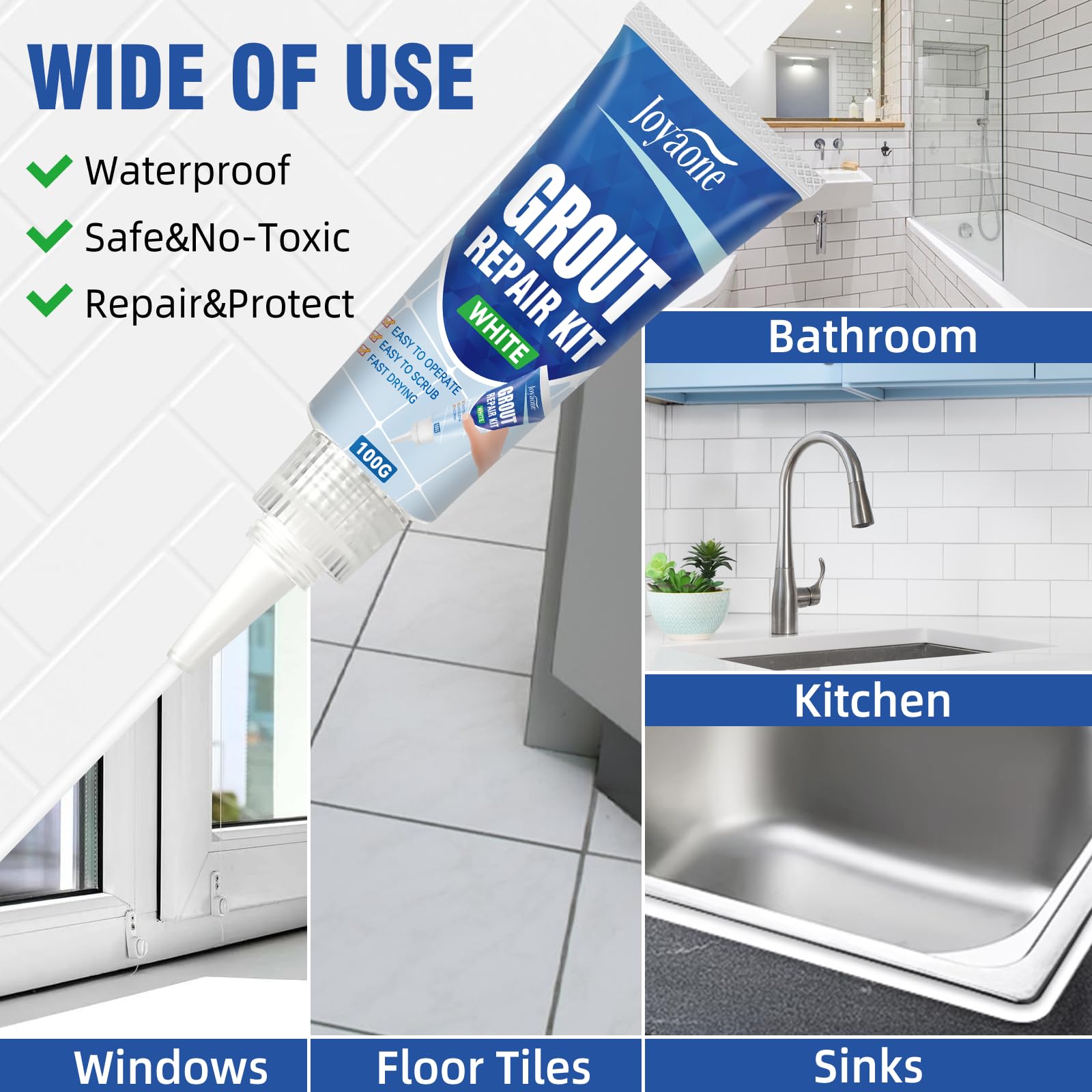 Set di riparazione per piastrelle, penna bianca ad asciugatura rapida, per fughe, per bagno, doccia, pavimenti e pareti (Bianco 100g*2)