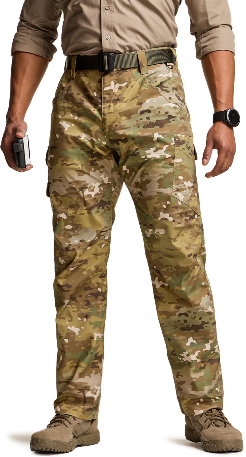 CQR Men's Utility Flex Cargo Pants, Classic-Fit Casual Stretch Work Pants, Water Resistant Lightweight Tactical Hiking Pants, Tac Utility Camo, 32W x 34L