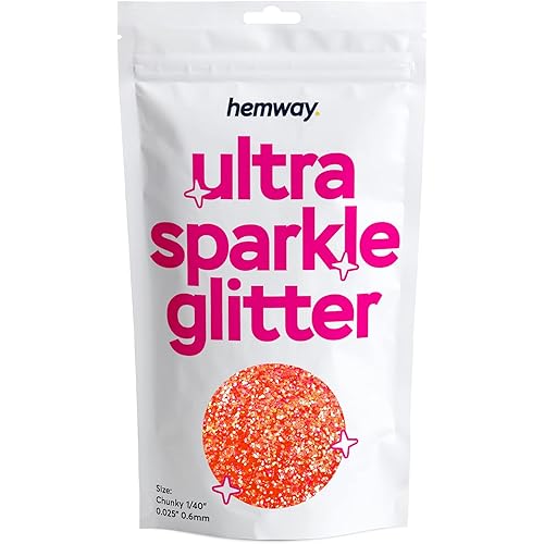 Hemway Premium Ultra Sparkle Glitter Multi Purpose Metallic Flake for Arts Crafts Nails Cosmetics Resin Festival Face Hair - Fluorescent Peach - Chunky (1/40" 0.025" 0.6mm) 100g / 3.5oz