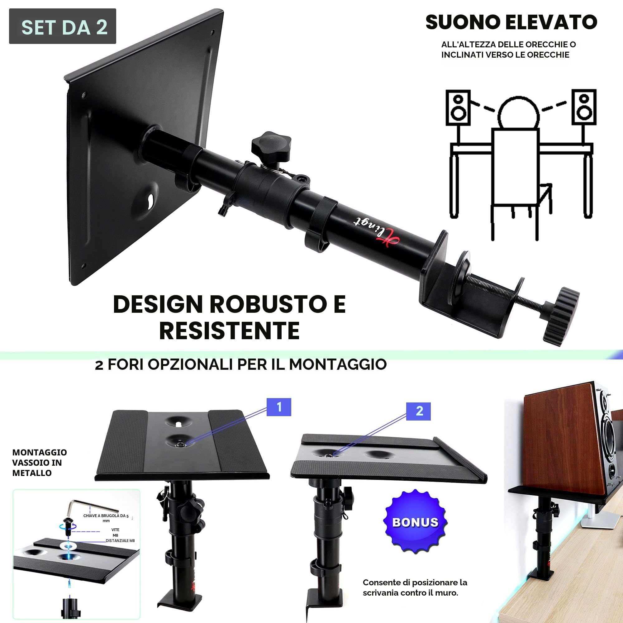 Coppia di supporti per monitor e altoparlante da studio, supporto per altoparlante da desktop, vassoio in metallo resistente da 24 x 22,5 cm con angolazione di inclinazione da +10° a