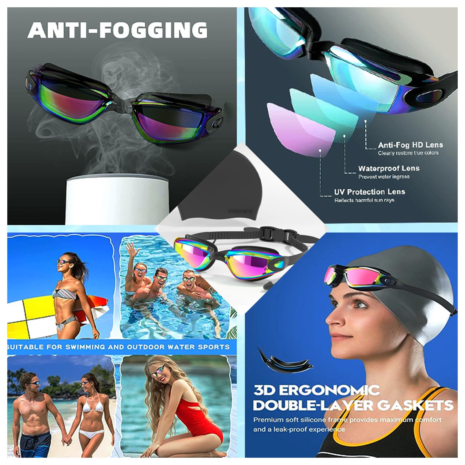 JSTHHTT Gafas de Natación, Antiniebla Gafas para Nadar, Gafas de Natación para Adultos, Protección UV, Visión Clara, para Adultos y Adolescentes