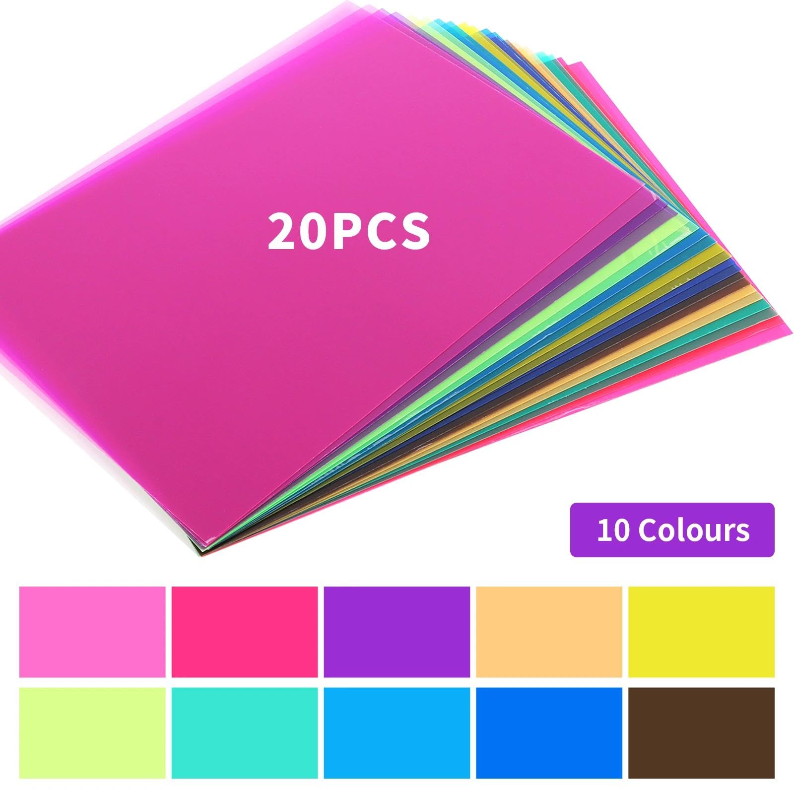 Pellicola Led per Vetro, 20 Pezzi Pellicole Colorate, Gelatine Fotografiche, Filtri Fotografici, Fogli di Plastica Colorata, Fogli di Cellophane Colorati Trasparenti