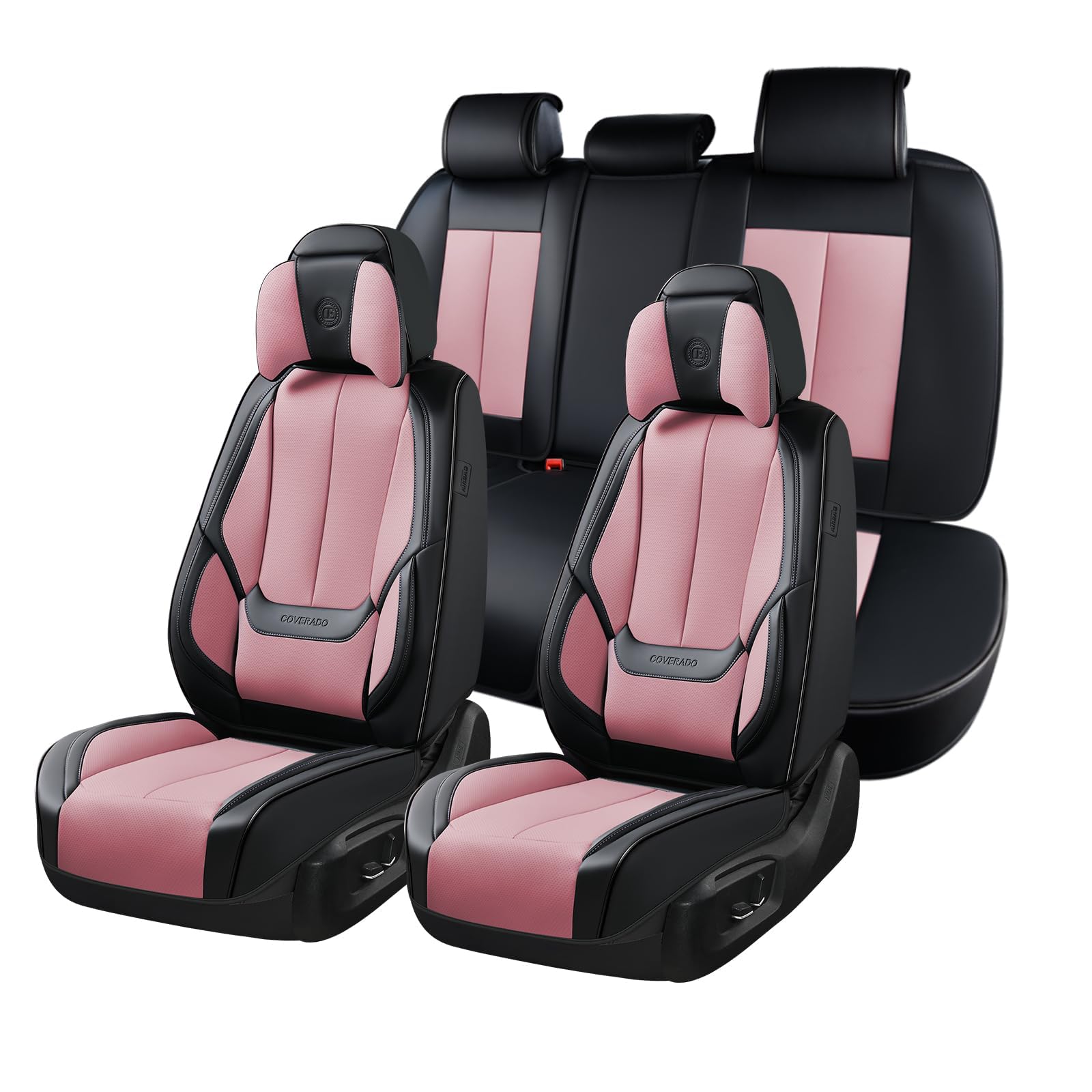 Coverado Universal Seat Covers Full Set, 5 Seats Universal Seat Covers for Cars, Waterproof Nappa Leather Car Seat Covers with Head Pillow, Auto Protectors Fit for Most Pick-up Truck, Black&amp;Pink