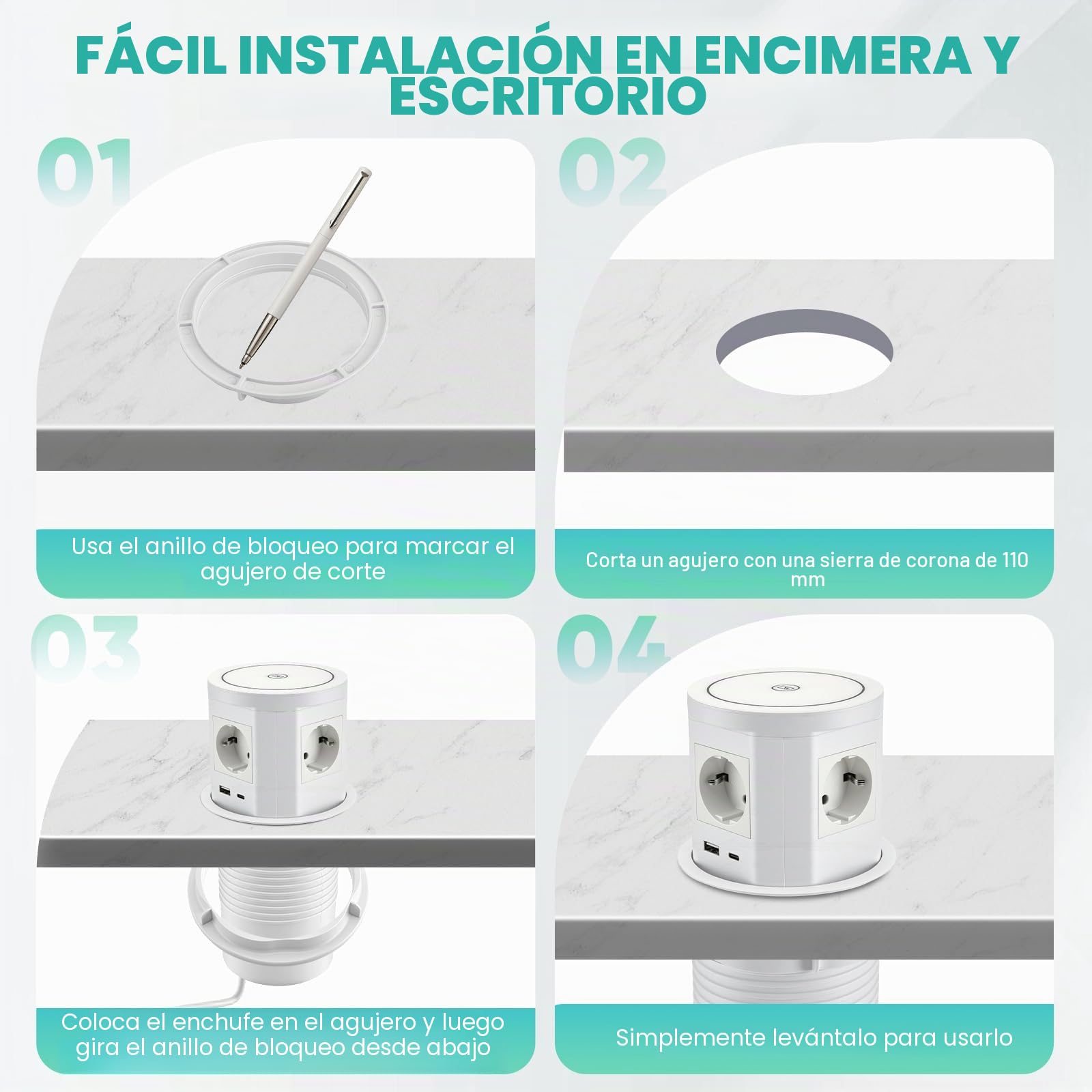 Enchufe Empotrable Retractil con PD USB-C PD 75 W, 8 en 1 Regleta de Alimentación de Mesa, 4 Enchufe de Mesa Retráctil con Carga Inalámbrica de 15 W para Encimera, Escritorio