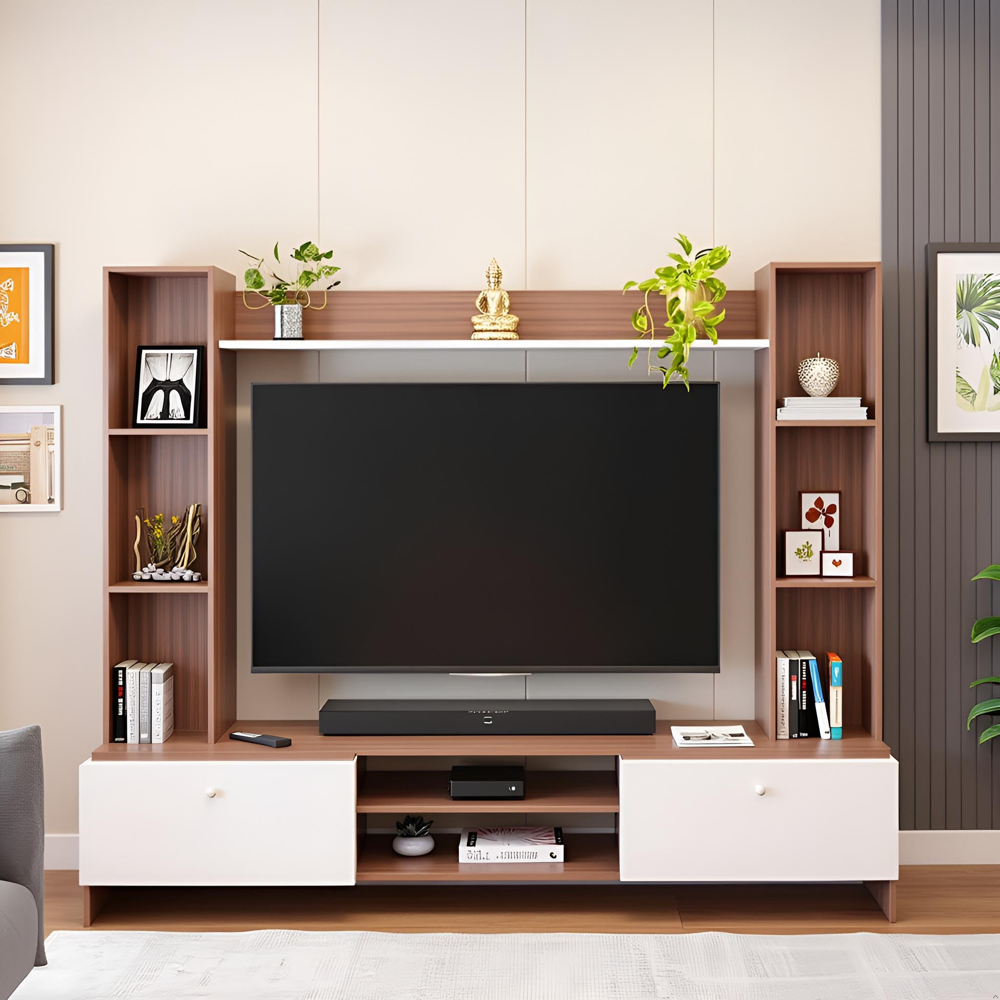 FURNEASER Pinnova Engineered Wood Large TV Unit/Entertainment Center for Living Room | for 42/43/50 Inch TV | Modern TV Stand with Storage Shelves & Cabinets (Exotic Teak & White, 180 cm)-picture-13