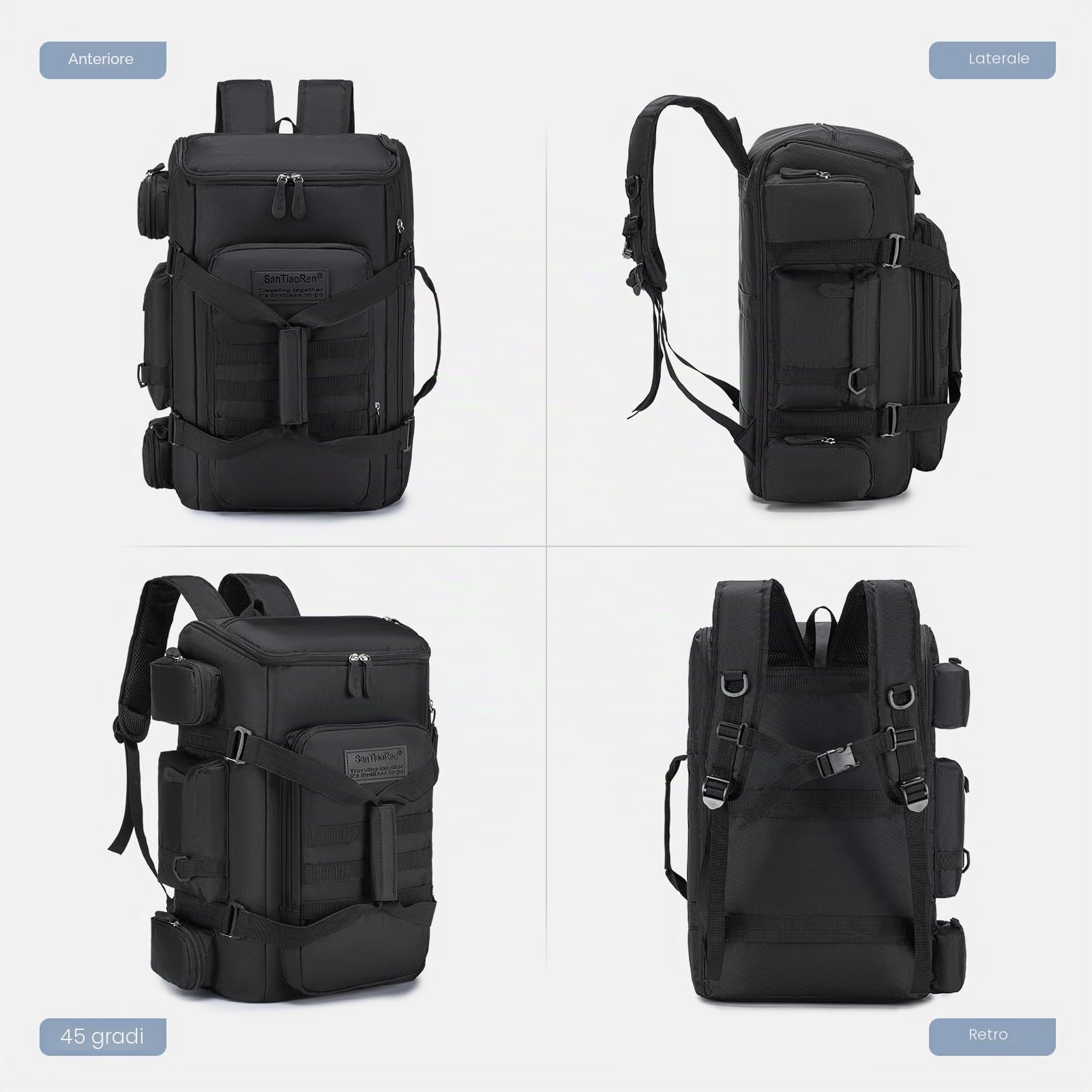 SPAHER 3 in 1 Tattico Borsone Zaino da Trekking Grande 40L, Nero | Apertura Ampia a 180°, 2 Manici, Sistema MOLLE, Tasca Umida, Scomparto Imbottito per Laptop da 16 Pollici