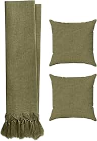 Kit Manta Para Sofá Em Linho Luxo + 2 Capas De Almofadas Decorativas (Verde Musgo)