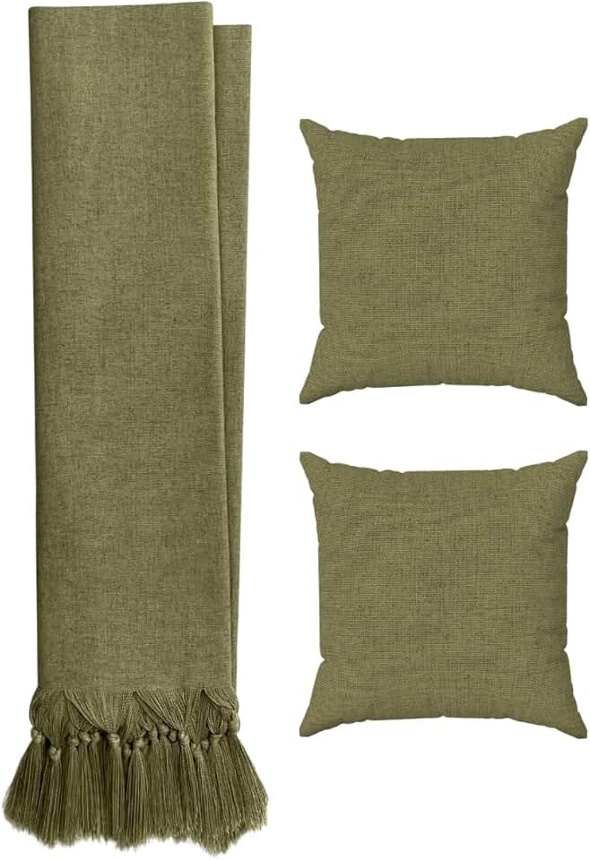 Kit Manta Para Sofá Em Linho Luxo + 2 Capas De Almofadas Decorativas (Verde Musgo)