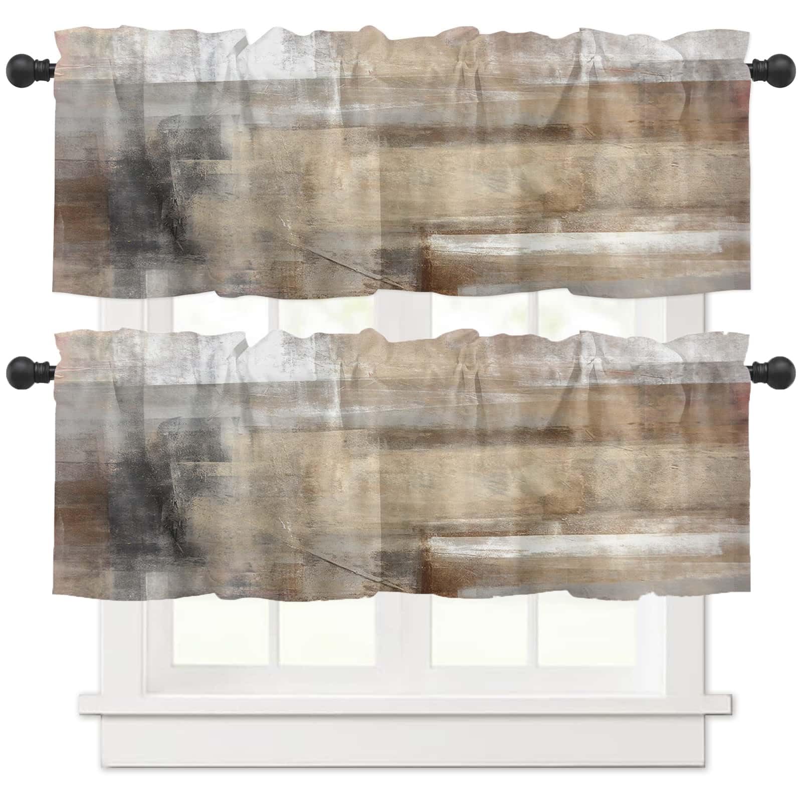 2 Pack Tan Grey Window Valances, Abstract Art Valances for Windows Treatment Decor, Farmhouse Rod Pocket Privacy Decorative Curtain Valance for Bathroom Bedroom Living Room, 54 X 18 in, 2 Panel