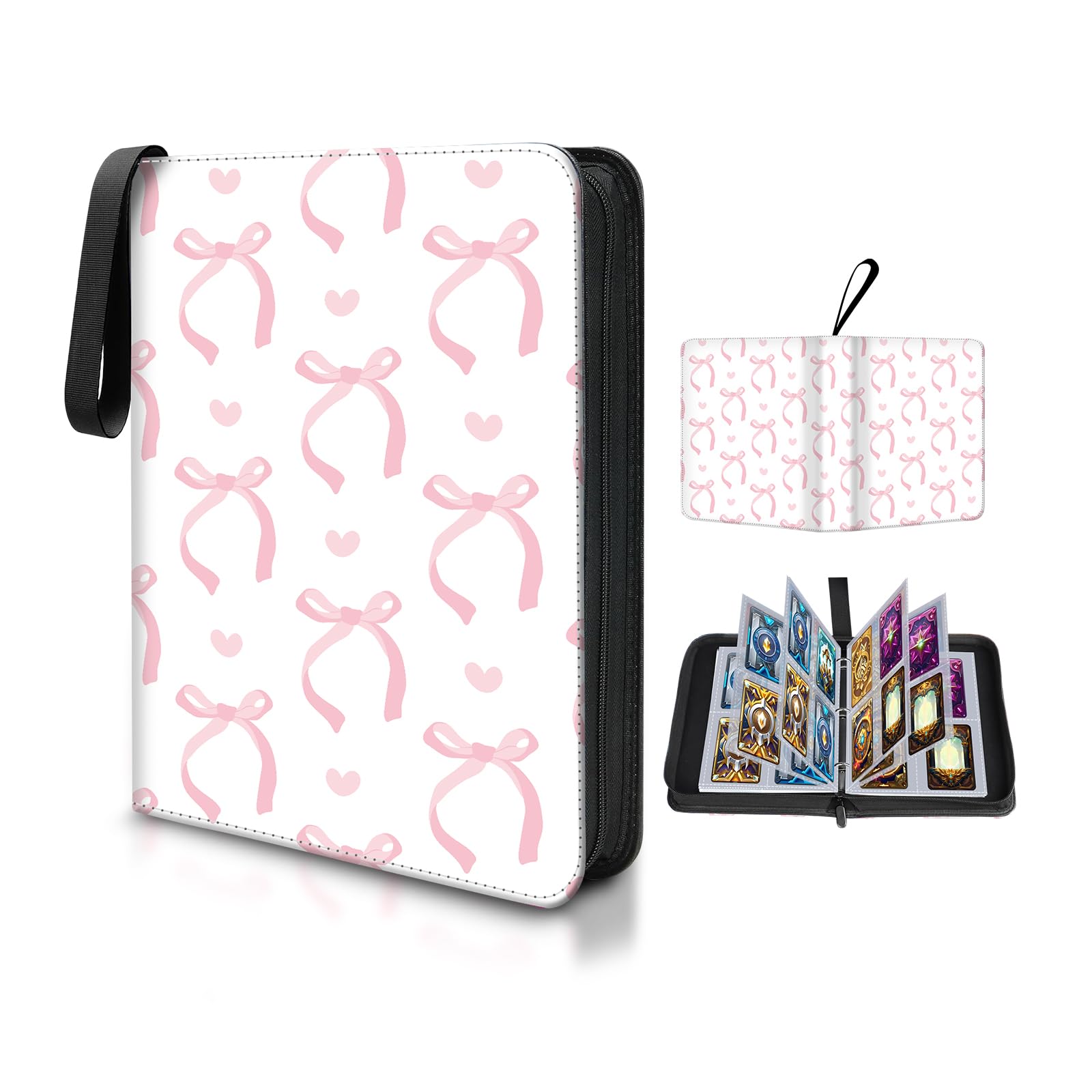 Card Binder 4 Pocket,Collectible Trading Card Albums Fits 400 Cards with 50 Removable Sleeves,Portable Trading Collection Album Holder,Game Card Case book With Zipper for Gifts,Pink Bow tie