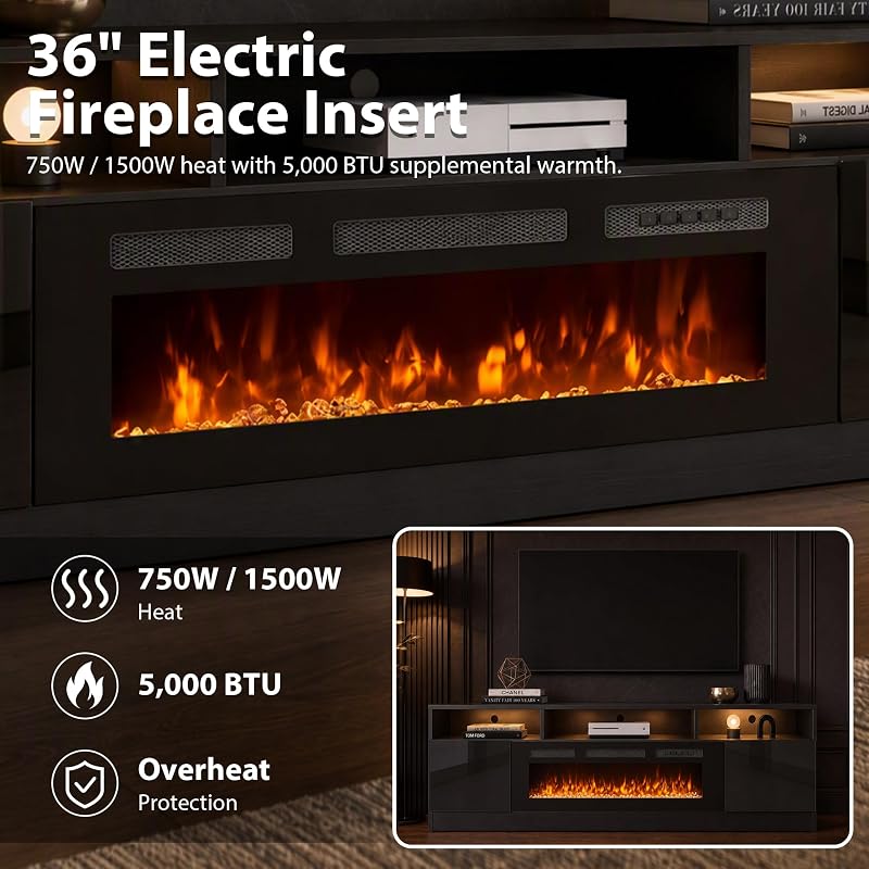 70" Tall TV Stand with 36" Electric Fireplace for Living Room, Entertainment Center with 12-Color LED Lights & Adjustable Shelves, Fits TVs up to 80", Black image 5