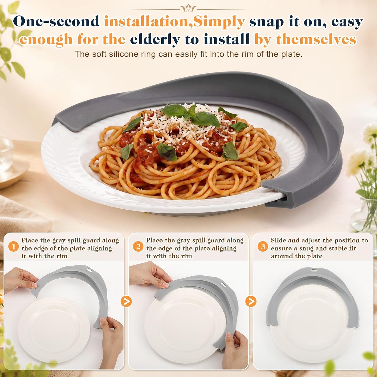 2 Pack Clip on Spill Proof Plate Guard, Dining Aids for Elderly Disabled Adults, Parkinsons Aids for Living, Silicone Food Guard, Fits 7" to 9.5" Plates