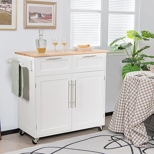 Miniatura 3 de LOKO Isla de cocina con almacenamiento, carrito de cocina portátil con encimera de madera de goma, ruedas universales y estantes ajustables, isla de