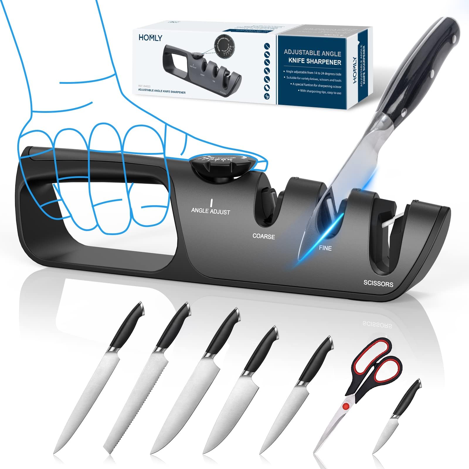 HomlyKnife Sharpeners with Adjustable Angle Knob, Multifunctional 3-Stage Sharpening, Polishing Kitchen Knife Sharpeners, Professional Knife Sharpeners with tungsten alloy, ceramic and diamond slots