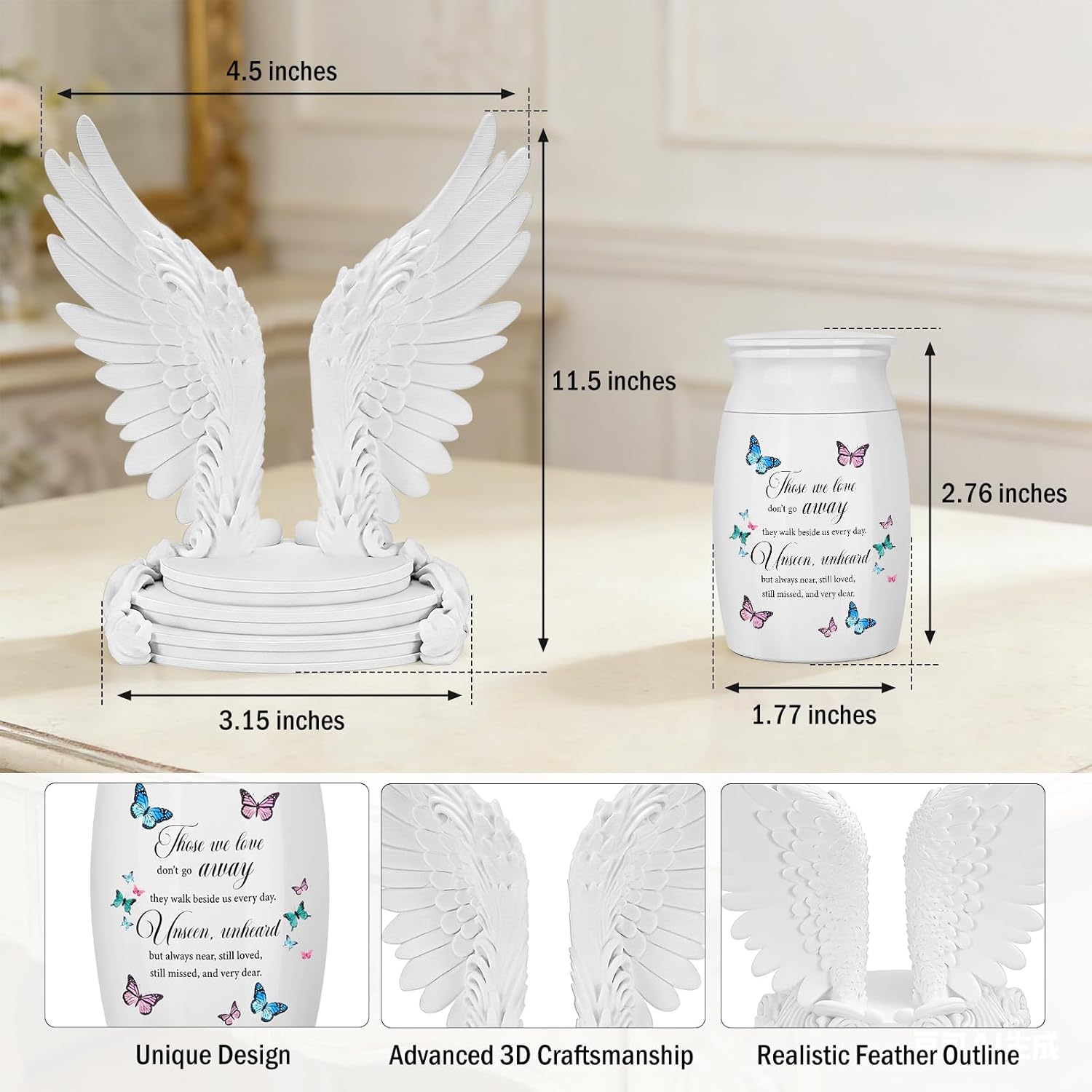 Abooxiu Small Urns for Human Ashes 2.76 Inches Mini Urn Aluminium Small Keepsake Urns with Angel Wings, Memorial Cremation Urn with 5D Printed Wing Frame, Sympathy Remembrance Urn for Loved One, White