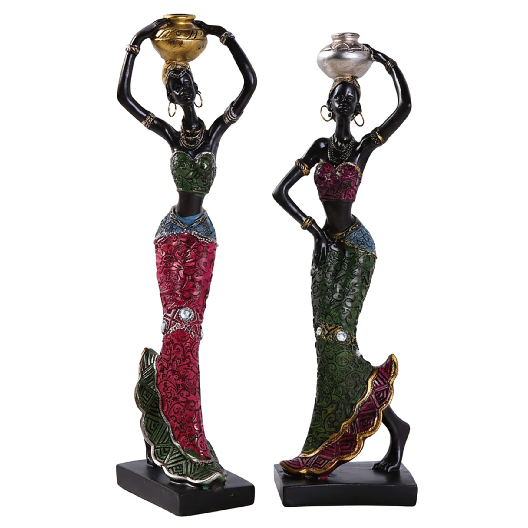 Statues africaines de femmes en résine : lot de 2 sculptures d'art tribal de 8,7 pouces