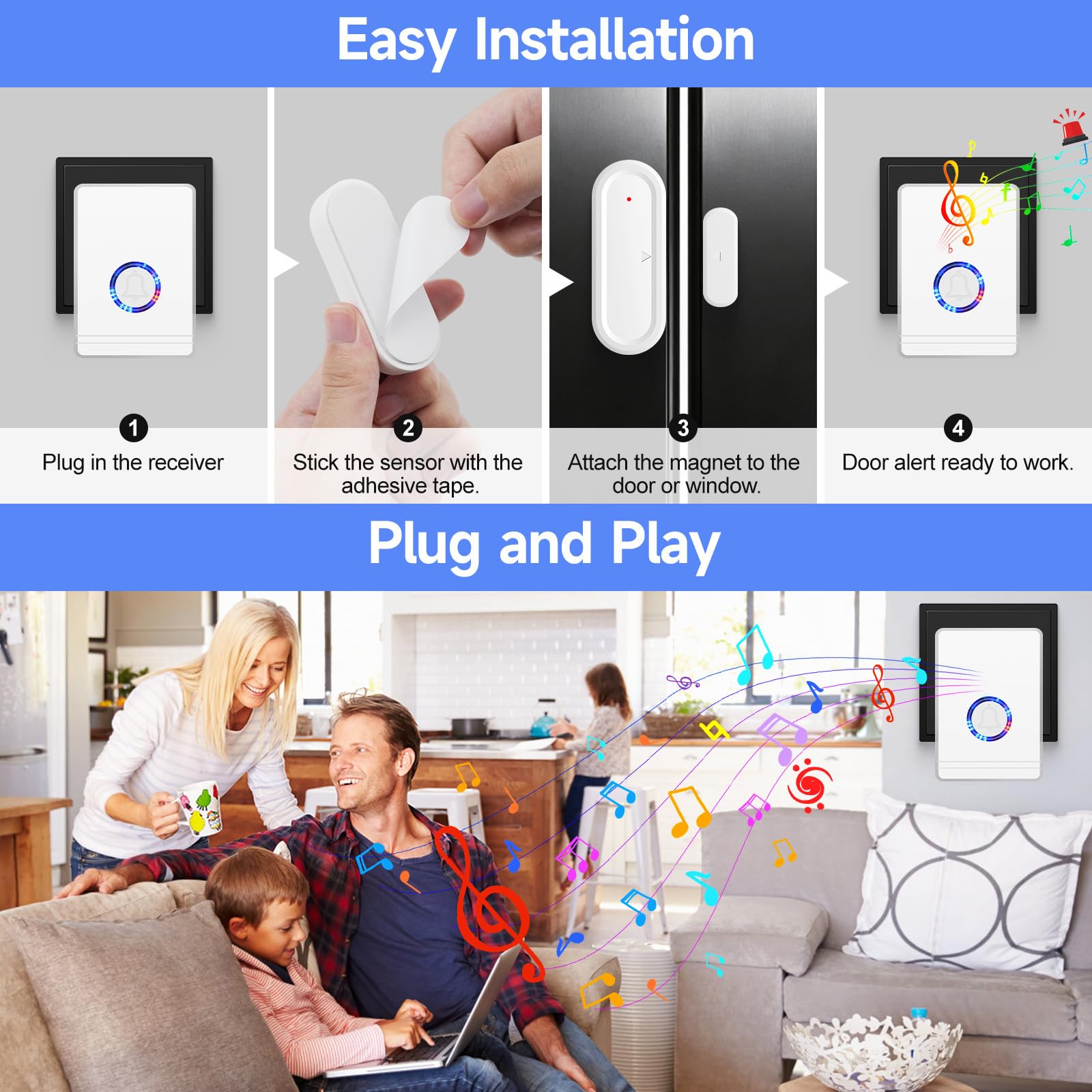 NineLeaf - Detector de apertura de puerta, alarma de puerta y ventana, Ring Chime con receptores de enchufe eléctrico, alcance de funcionamiento 600 pies para el hogar corporativo tienda, 3