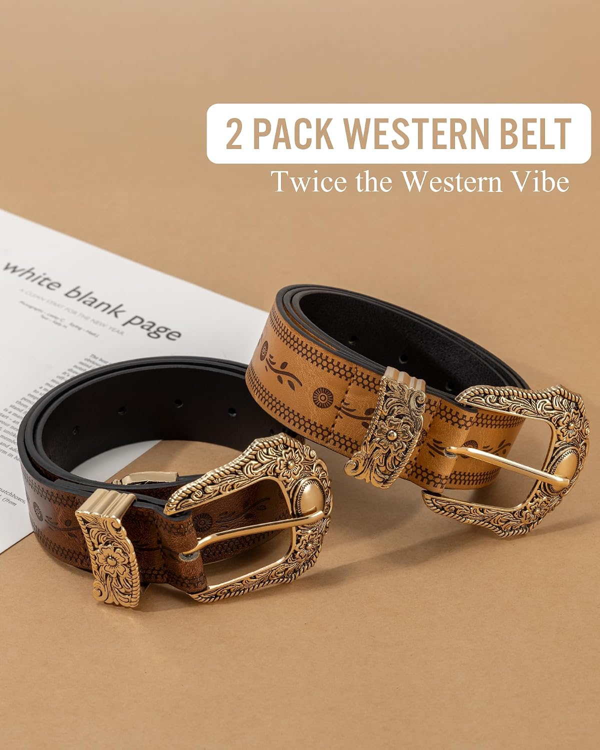 2 Pack Women's Western Leather Cowgirl Cowboy Belt, Vintage Belt for Women Belt for Jeans Pants Dresses