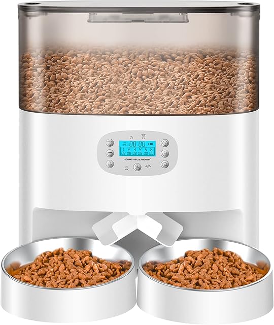 HoneyGuaridan 6L Automatic Cat Feeder for 2 Pets, Pet Food Dispenser for Cat and Dog with Desiccant Box, 0-24 Portion Control, 10s Voice Recorder, up to 6 Meals a Day - Battery and Plug-in Power