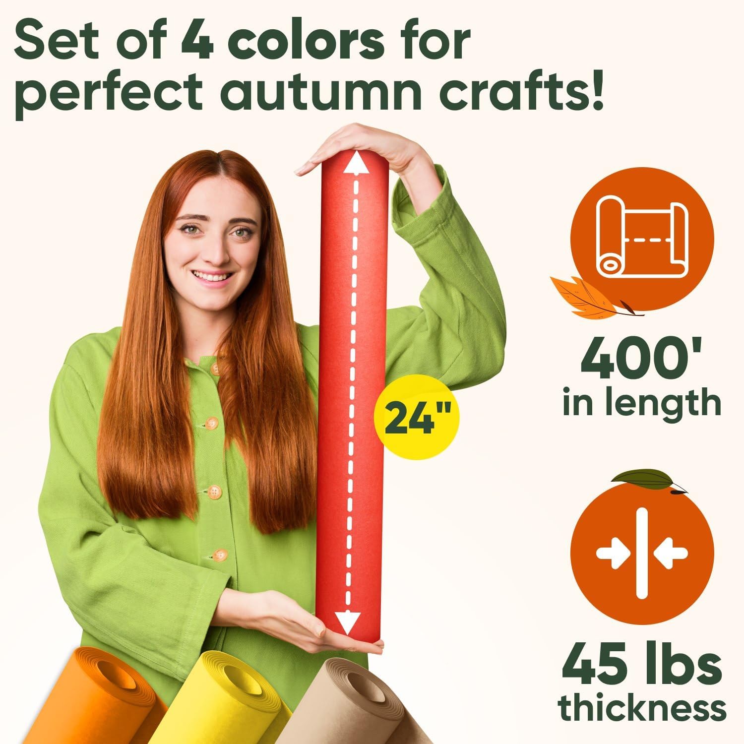 24" x 1200" (100 ft) Thanksgiving Day Kraft Paper Rolls Set, 45 Lbs - Brown, Orange, Yellow, Red Kraft Paper - Made in USA Colored Paper for Crafts, DIY, School, Gift Wrapping