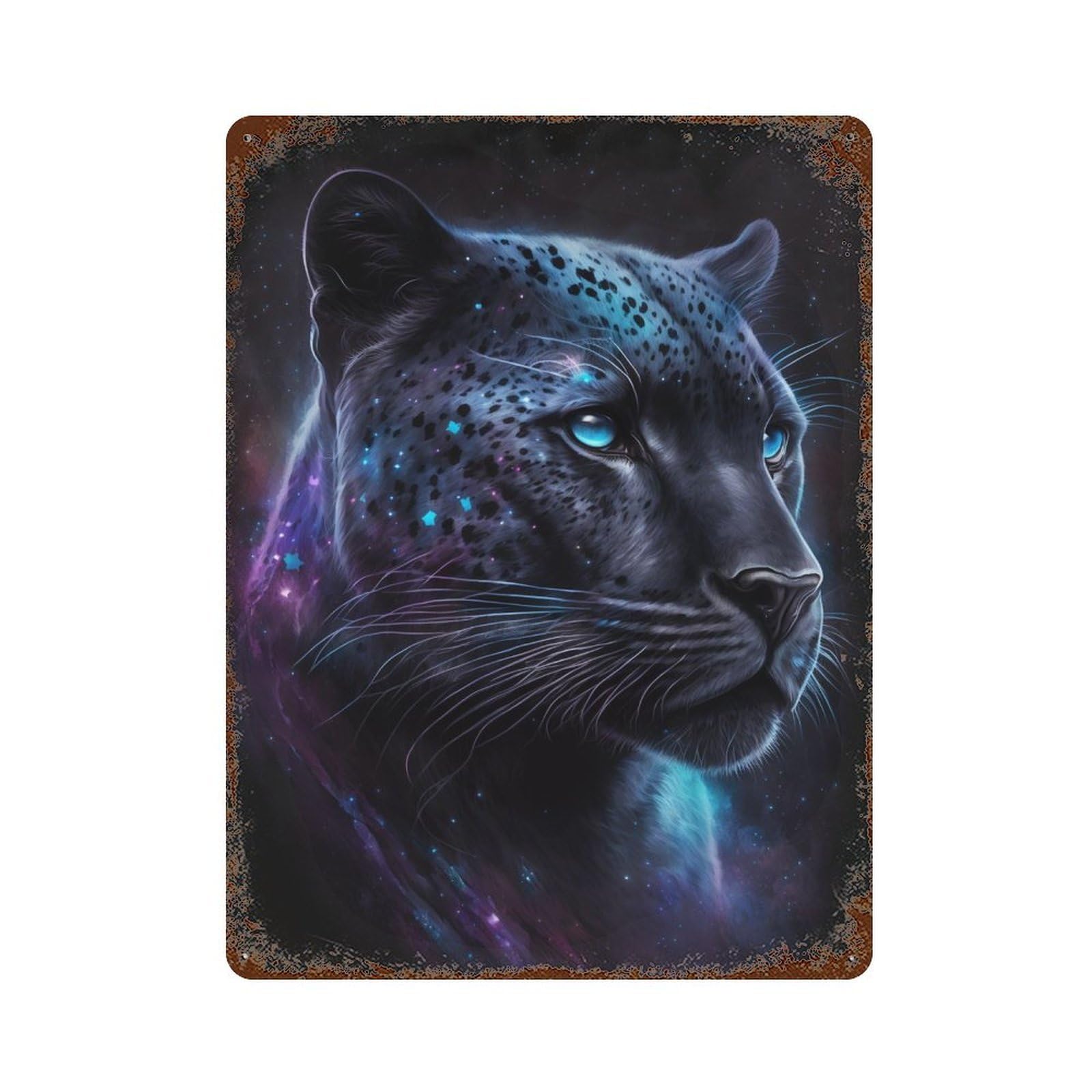 Galactic Leopard Art Print Distressed Metal Wall Sign 15.7"x11.8", for Garage, Bar And Workshop Decor, Decorative Metal Wall Art