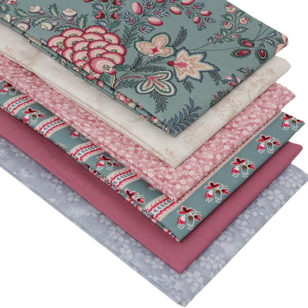 6 Fat Quarters Bundle - 'Amsterdam Blooms' Featuring Stunning Floral Designs in Soft Blue & Pink 100% Cotton Fabric for Quilting, Patchwork, Crafting (with Free Patchwork Pattern by Overdale Fabrics)
