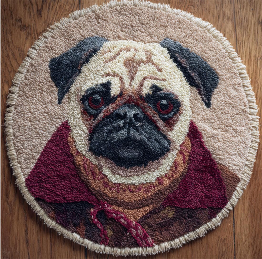 Rqwybcaxn DIY Rug Latch Hook Kits for Adults Animal Needlework Kit Fantasy Pug 50x50cm Round Tapestry with Crochet Hook Living Room Craft Gift