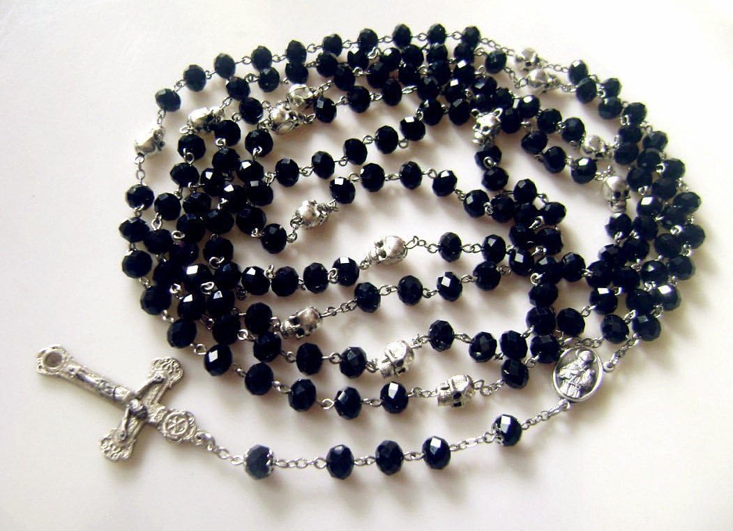 elegantmedical HANDMADEsilver skull & black Fifteen 15 Decade rosary cross crucifix Catholic Necklace Box