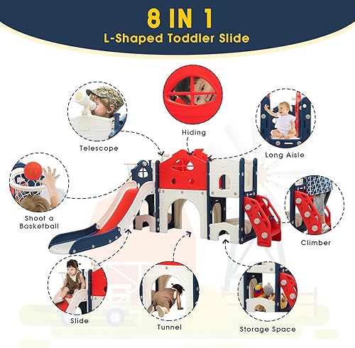 Miniatura 2 de Juego de columpios 4 en 1 para escalador de diapositivas, juego independiente para niños pequeños con aro de baloncesto, patio de juegos para niños