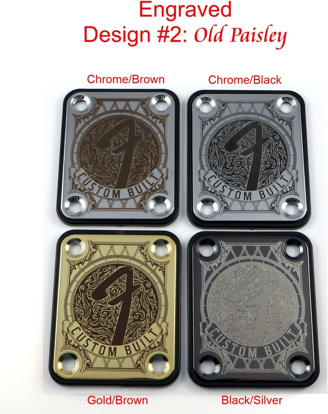 Standard 4 Bolt "Custom Built" Engraved or Printed Guitar Neck Plate - Choose from 4 designs - Silver, Gold or Black
